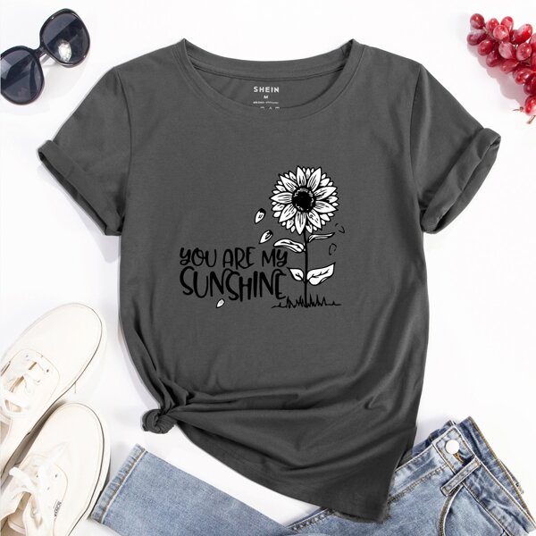 

Slogan & Floral Print T-Shirt, Dark grey