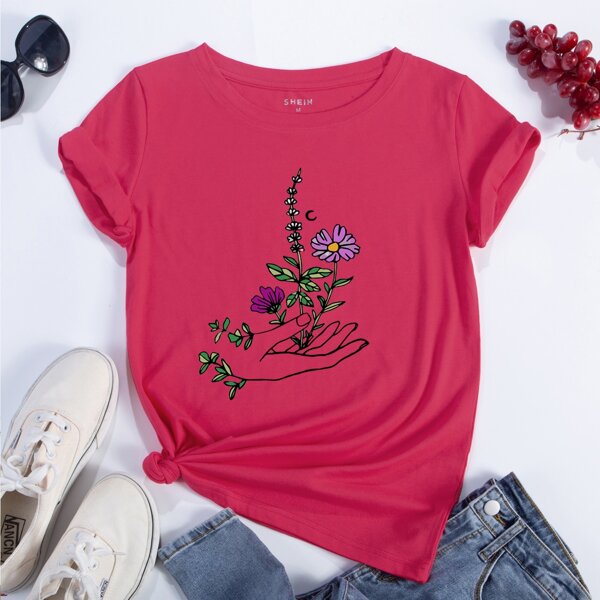 

Floral And Hand Print Tee, Rose red