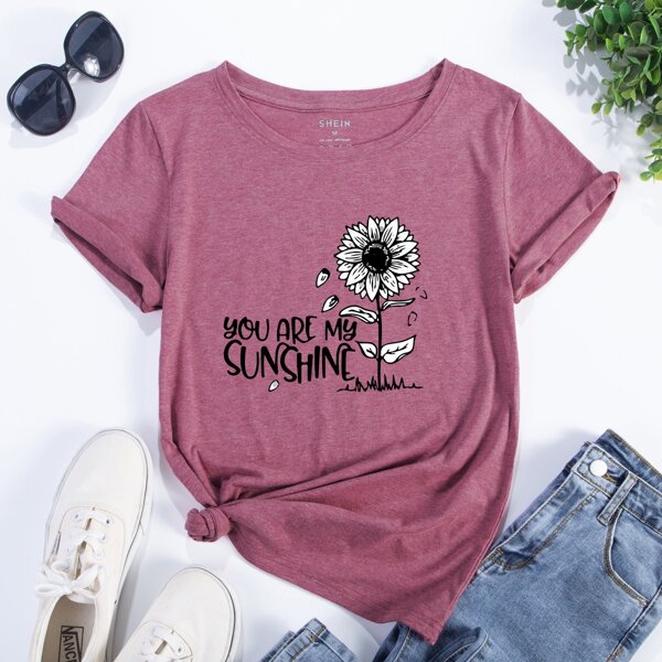 

Slogan & Floral Print T-Shirt, Pink