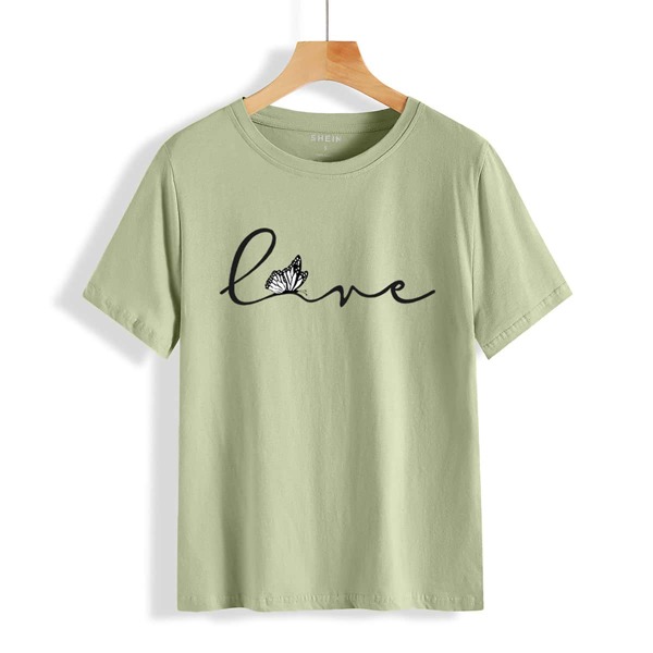 

Butterfly And Letter Graphic Tee, Army green
