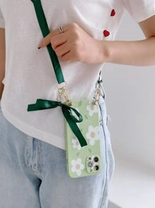 Flower Print Lanyard Case Compatible With iPhone - Green - View 1