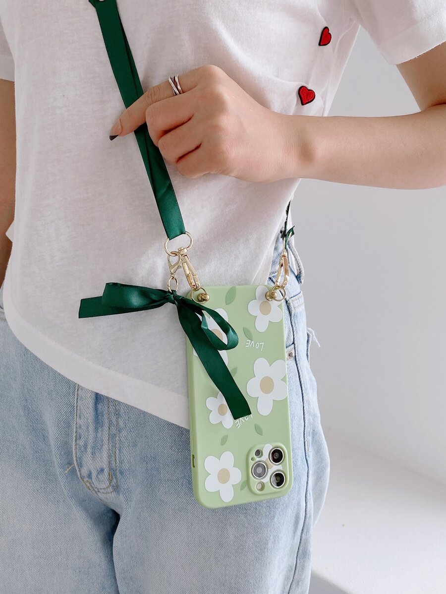 Flower Print Lanyard Case Compatible With iPhone - Green - View 1