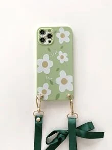 Flower Print Lanyard Case Compatible With iPhone - Green - View 2