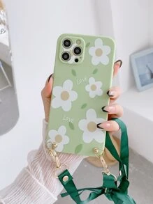 Flower Print Lanyard Case Compatible With iPhone - Green - View 4