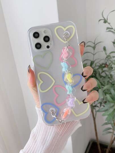 Heart Pattern Phone Case With Heart Decor Hand Strap