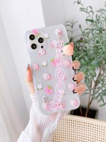 Peach Pattern Phone Case With Clear Hand Strap - Pink - View 1