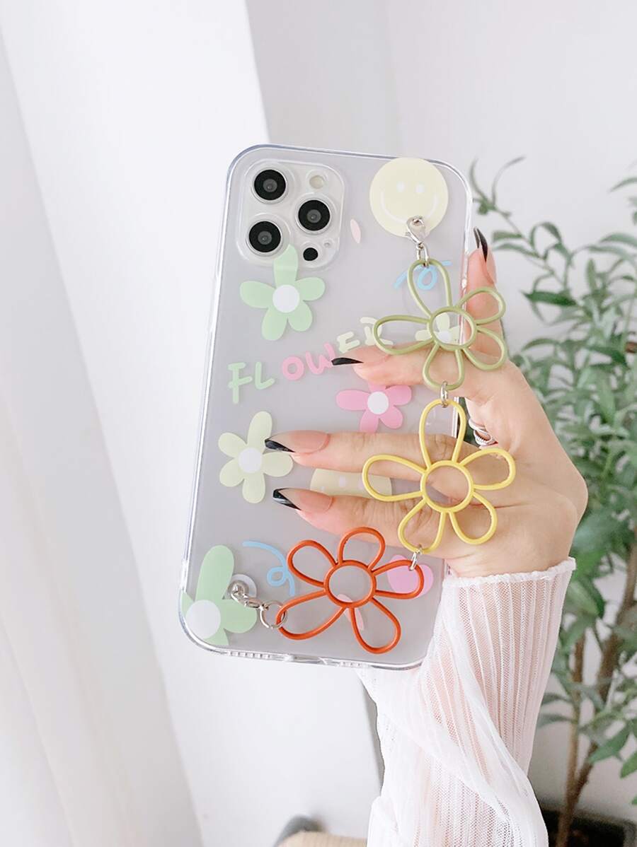 Funda de teléfono con cadena de correa de flor hueca y pulsera compatible con iPhone 15/15 Pro/15 Plus/15 Pro Max/14/14 Plus/14 Pro/14 Pro Max/11 Pro Max/12/12 Pro/12 Pro Max/13/13 Pro/13 Pro Max/11/11 Pro, S24uu/S24+/S24 Funda protectora - Multicolor - Ver 1