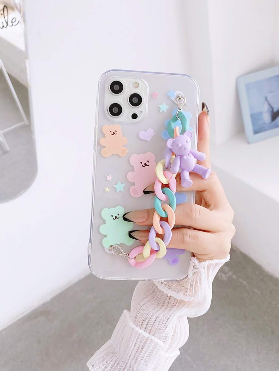 Bear Chain Strap Phone Case, With Full Coverage Wrist Strap, Compatible With Iphone 15/15 Pro/15 Plus/15 Pro Max/14/14 Plus/14 Pro/14 Pro Max/11 Pro Max/12/12 Pro/12 Pro Max/13/13 Pro/13 Pro Max/11/11 Pro, Compatible With Samsung S24uu, S24+, S24 Protective Case,International Version, Not The Domestic Version - Multicolor - View 1