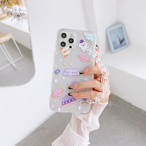 

Cartoon Astronaut Clear Phone Case With Chain Strap, Multicolor