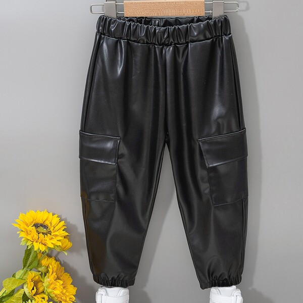 

Toddler Boys Flap Pocket PU Leather Carrot Pants, Black