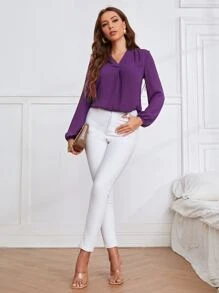 SHEIN Clasi V領素色上衣 - 紫色 - 查看 3
