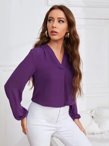 SHEIN Clasi V領素色上衣 - 紫色 - 查看 5