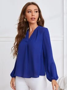 SHEIN Clasi V Neck Blouson Sleeve Solid Top