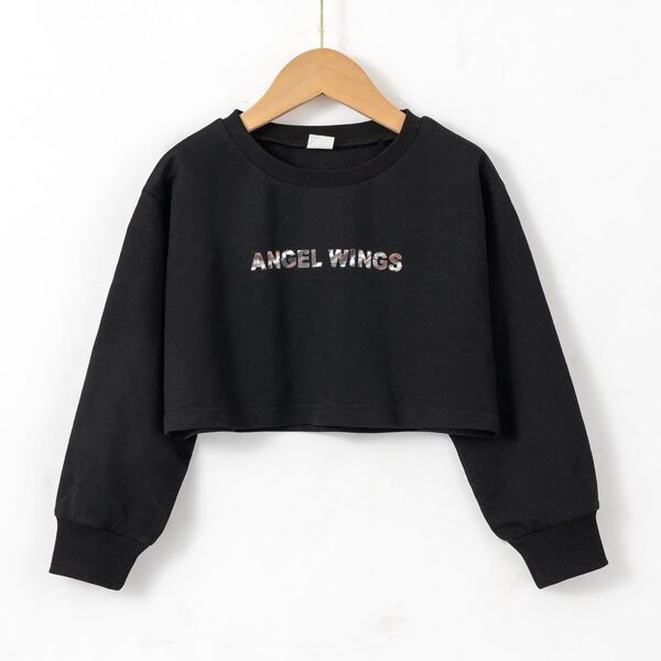 

Girls Letter Graphic Crop Sweatshirt, Black