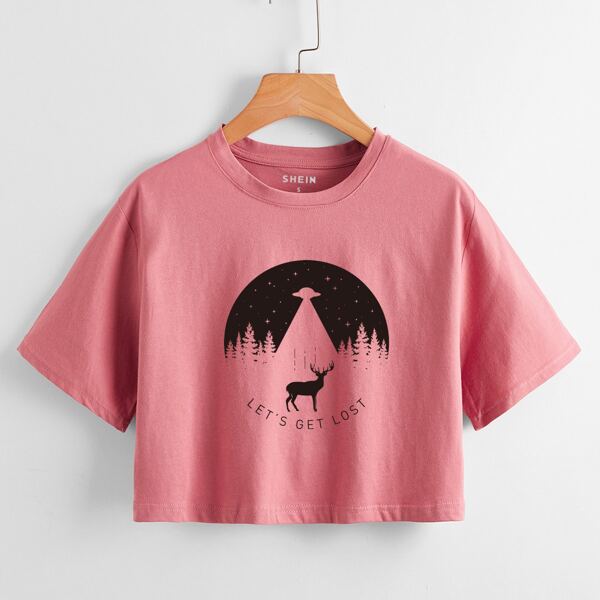 

Deer And Slogan Graphic Tee, Pink