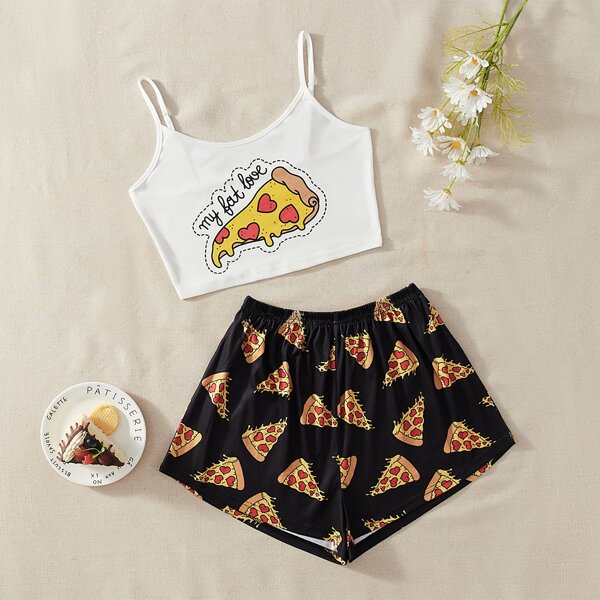 

Letter And Pizza Print Crop Cami Top & Shorts PJ Set, Multicolor