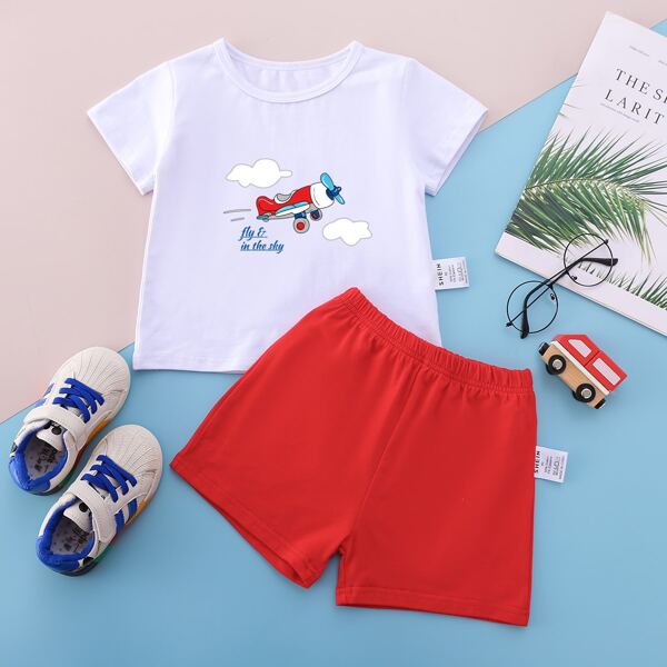 

Baby Slogan & Cartoon Graphic Tee & Track Shorts, Red and white