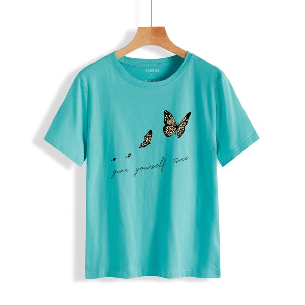 

Butterfly And Slogan Graphic Tee, Blue