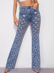 SHEIN 斜口袋穿孔喇叭毛邊牛仔褲 - 中等水洗藍 - 查看 1