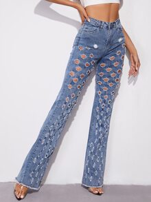 SHEIN 斜口袋穿孔喇叭毛邊牛仔褲 - 中等水洗藍 - 查看 4