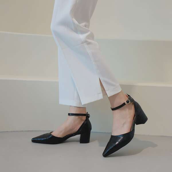 

Croc Embossed Chunky Heeled Ankle Strap Pumps, Black