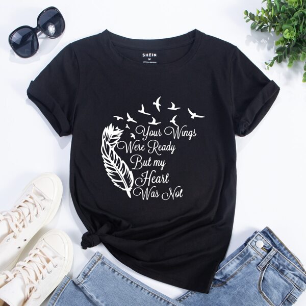 

Slogan & Feather Print T-Shirt, Black
