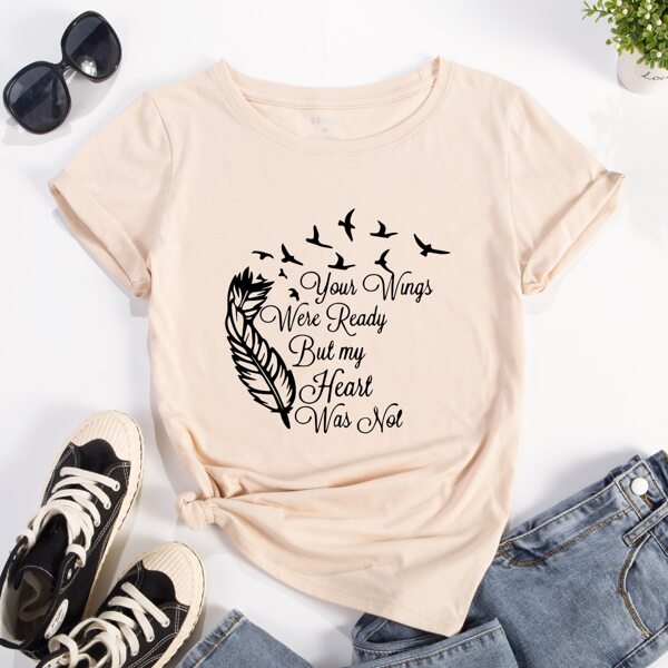 

Slogan & Feather Print T-Shirt, Apricot