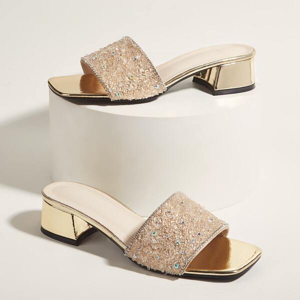 

Metallic Rhinestone Decor Chunky Mules, Champagne