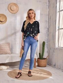 EMERY ROSE Top con estampado floral - Negro - Ver 4