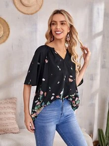 EMERY ROSE Top con estampado floral - Negro - Ver 5