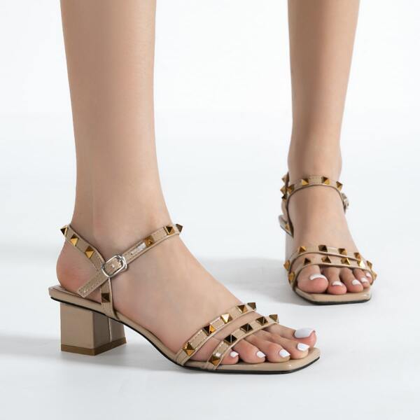 

Studded Decor Chunky Heeled Ankle Strap Sandals, Apricot