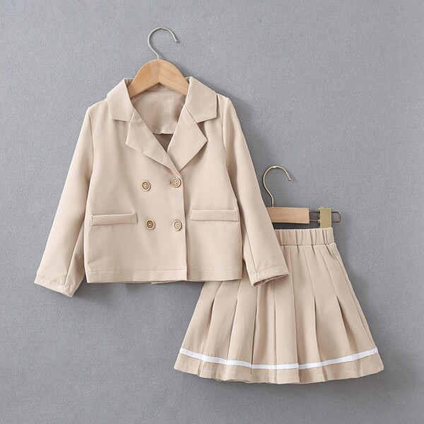 

Toddler Girls Detail Pocket Double Breasted Blazer & Contrast Tape Pleated Skirt, Apricot