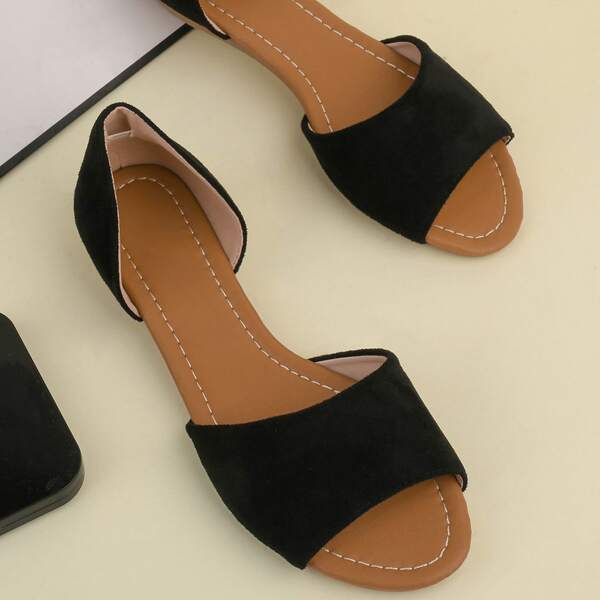 

Suede Peep Toe Flat Sandals, Black