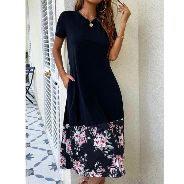 

Floral Print Hidden Pocket Ruffle Hem Dress, Black