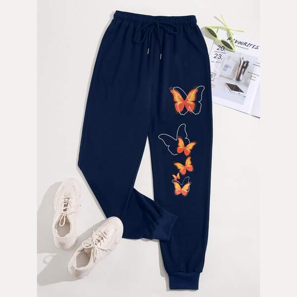 

Butterfly Print Drawstring Waist Sweatpants, Navy blue