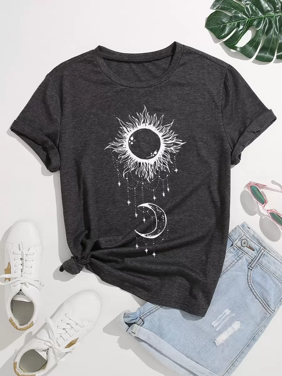SHEIN Unity Abstract Sun And Moon Print Tee - Dark Grey - View 1