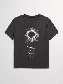 SHEIN Unity Abstract Sun And Moon Print Tee - Dark Grey - View 4