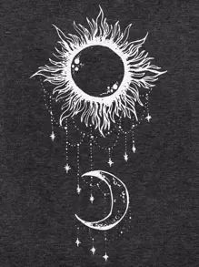 SHEIN Unity Abstract Sun And Moon Print Tee - Dark Grey - View 5