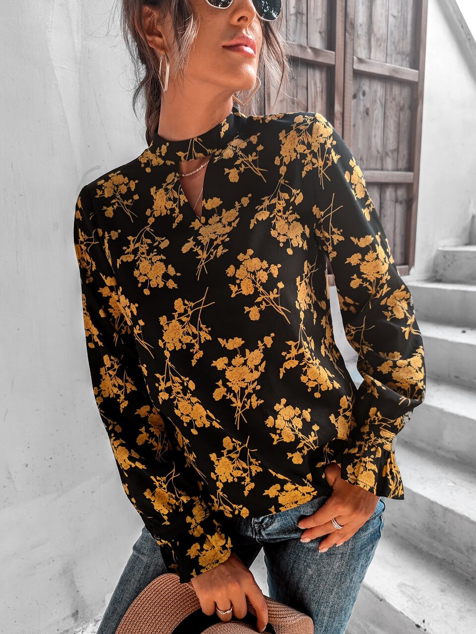 Keyhole Neckline Plants Print Blouse
