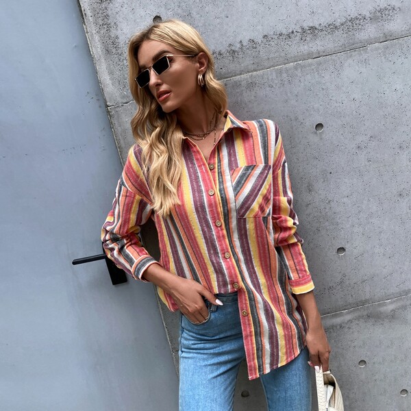 

Vertical Striped Button Front Blouse, Multicolor