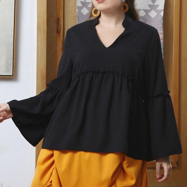 

Plus Notch Neck Peplum Blouse, Black