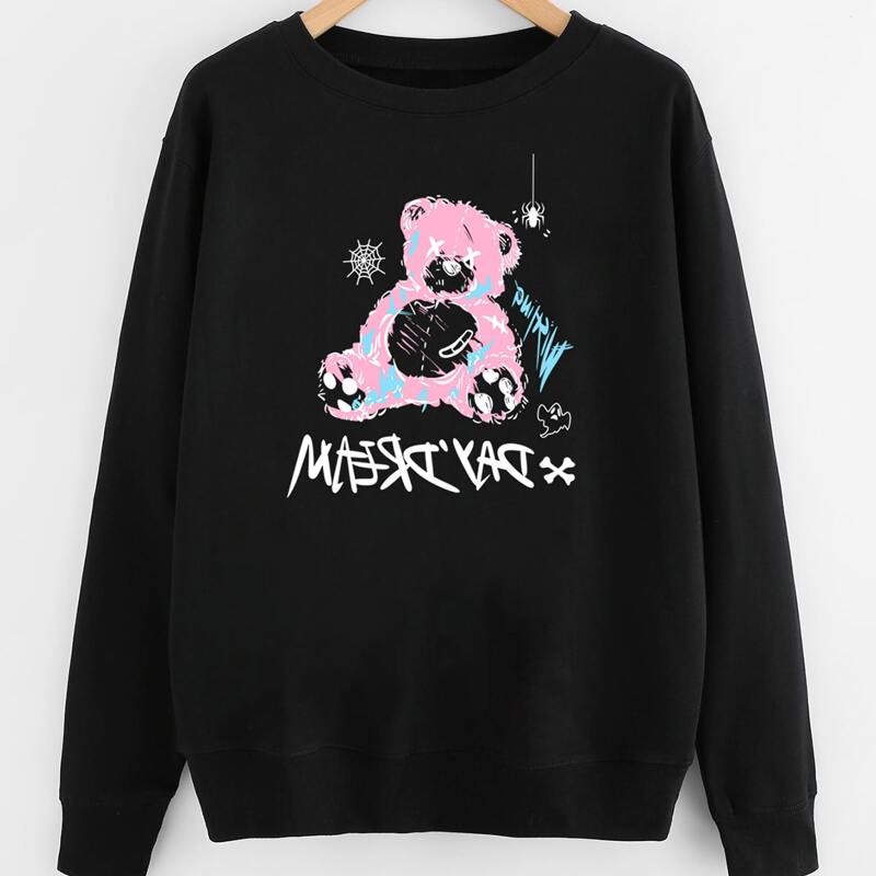 

Bear And Letter Graphic Sweatshirt, Black