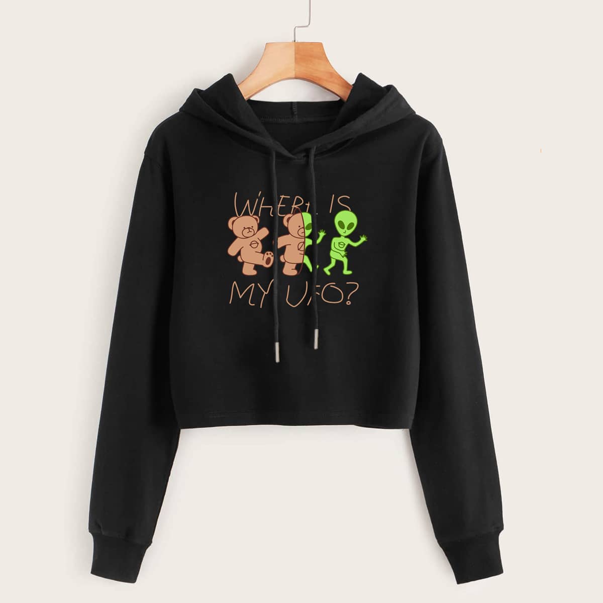 

Letter And Bear Graphic Drawstring Hoodie, Black