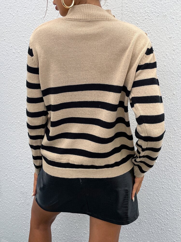 Stand Neck Striped Sweater Knit Pullover Fall Winter