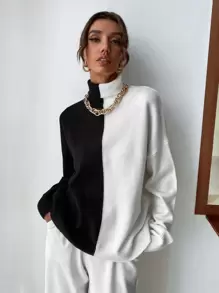 SHEIN Essnce Two Tone High Neck Jumper - Black and White - View 1