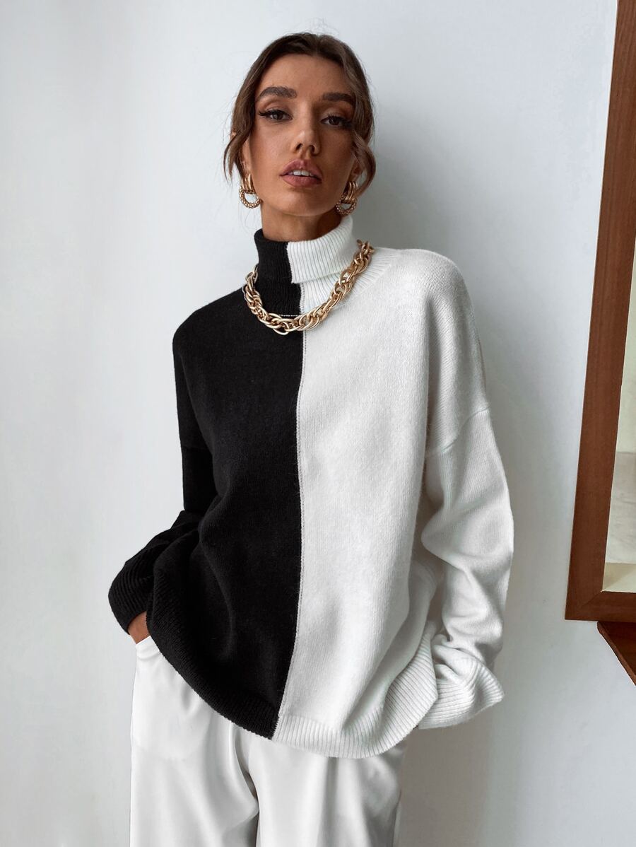 SHEIN Essnce Two Tone High Neck Jumper - Black and White - View 1
