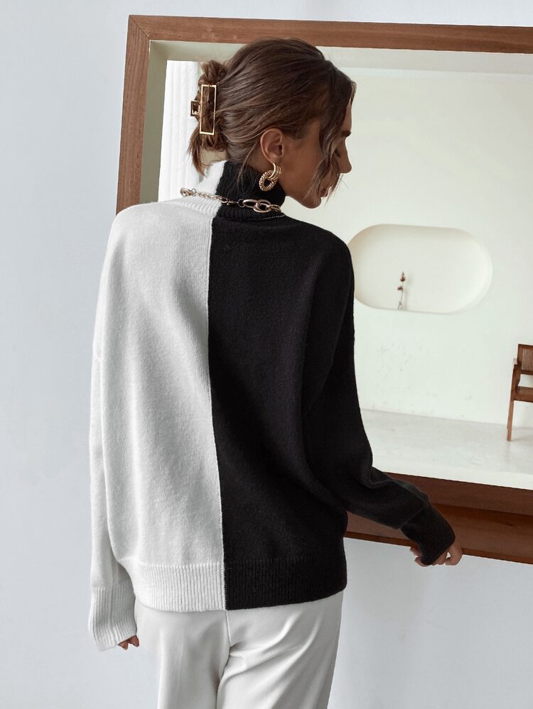SHEIN Essnce Two Tone High Neck Sweater - Black and White - View 2
