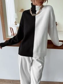 SHEIN Essnce Two Tone High Neck Jumper - Black and White - View 3
