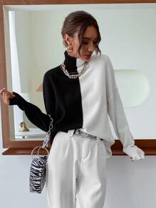 SHEIN Essnce Two Tone High Neck Jumper - Black and White - View 5