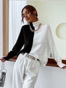 SHEIN Essnce Two Tone High Neck Jumper - Black and White - View 6